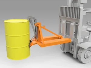 3d model of a drum grabber forklift attachment with steel drum in it.