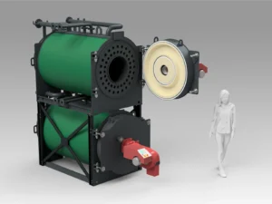 3d model of industrial gas boiler with opened front door and burner.