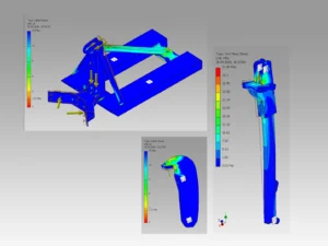 Several color contour plots showing Finite Element Analysis simulation results for the grabber.