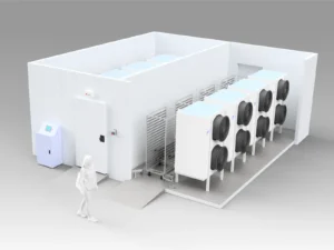 3d model of an industrial blast freezer with an automatic trolley moving system.